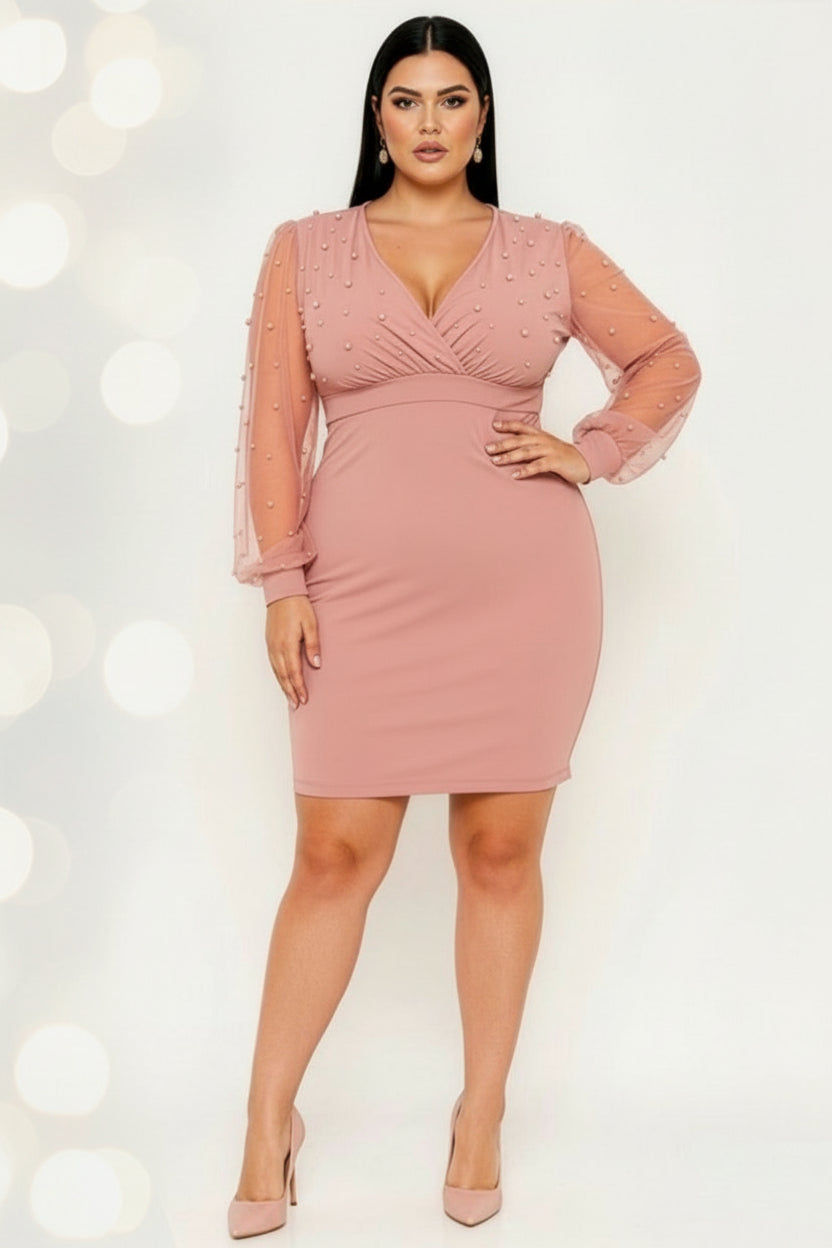 Pearl Beaded On Mesh Plus Size Mini Dress