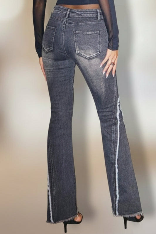 Fray Detail Dark Wash Flaired Denim Pants