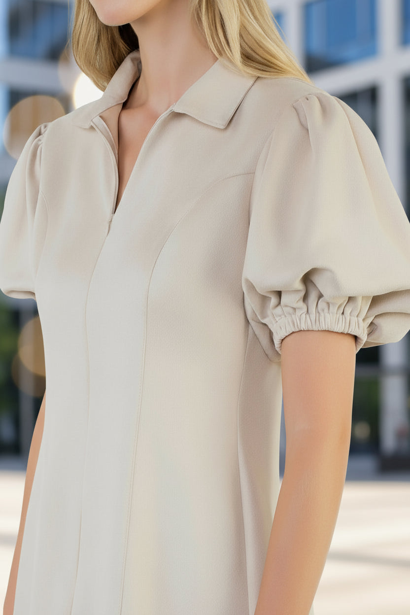 Collared Puff Sleeve Suede Dress