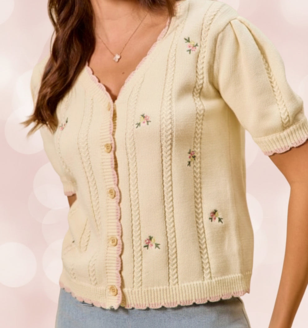 Floral Embroidery Edge Scallop Sweater Cardigan
