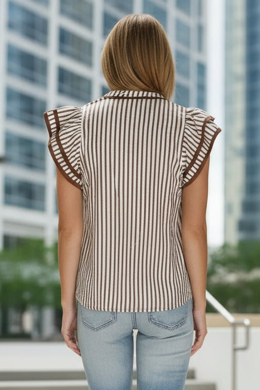 LDC Double Ruffled Short Sleeve Contrast Trim V Neck Blouse