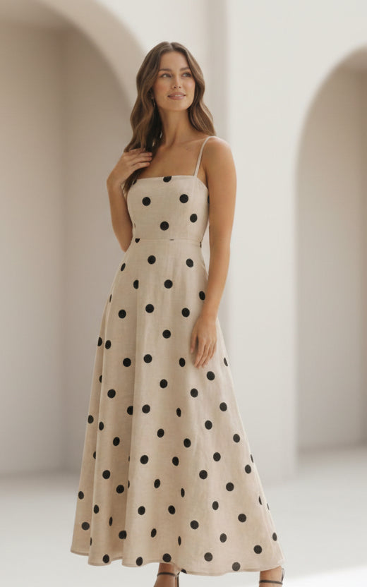 Polka Dot Printed Linen A-Line Midi Dress