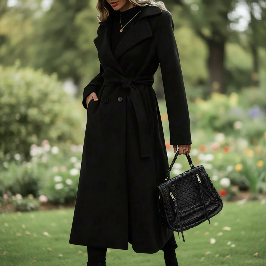 Lapel Tie Double-Breasted Long Coat