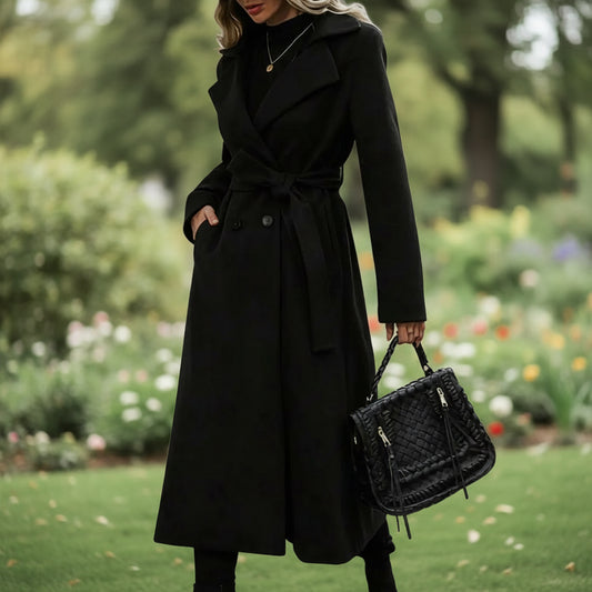 Lapel Tie Double-Breasted Long Coat