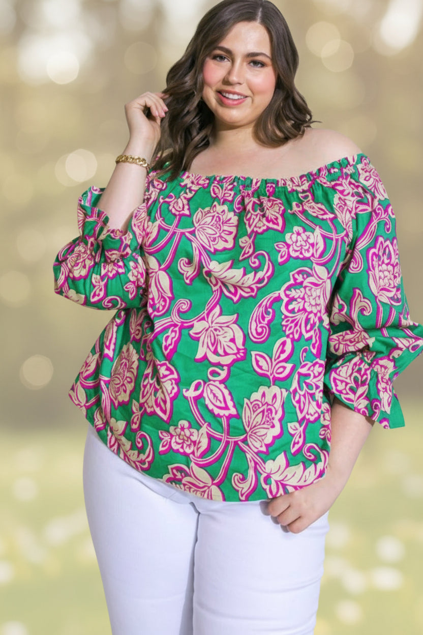 Plus Size Printed Poplin Off The Shoulder Neckline Top