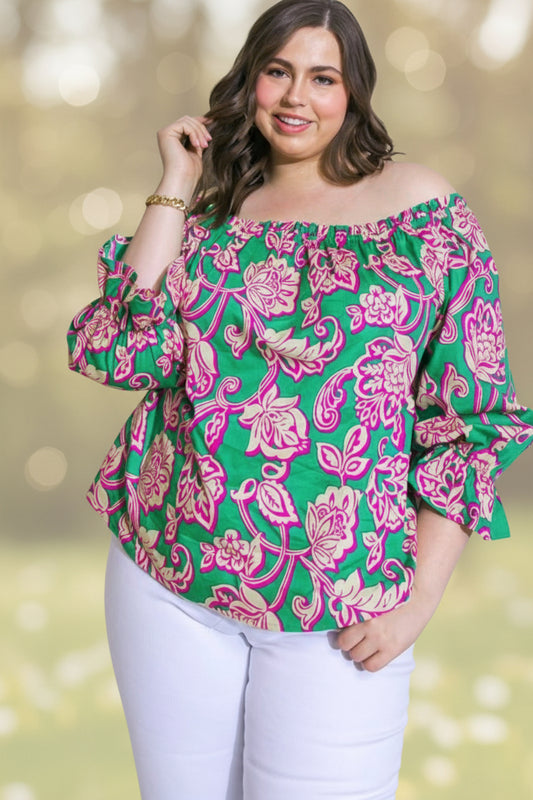Plus Size Printed Poplin Off The Shoulder Neckline Top