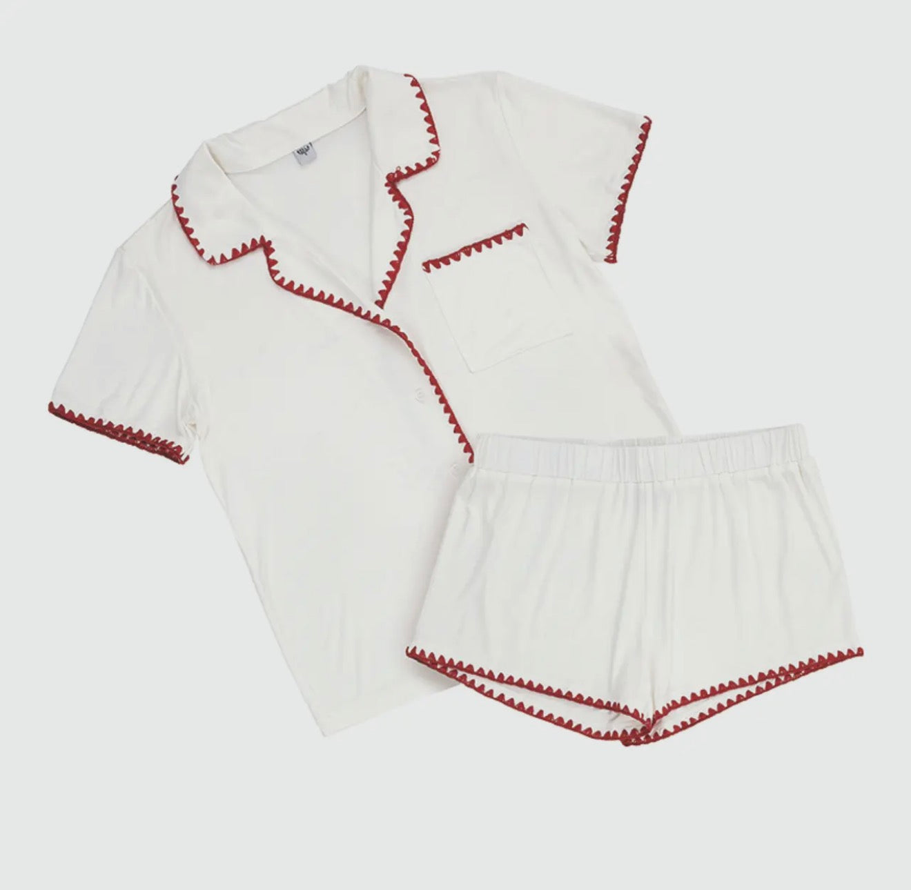 Short Bamboo Pj Set- White + Burgundy Whip Stitch