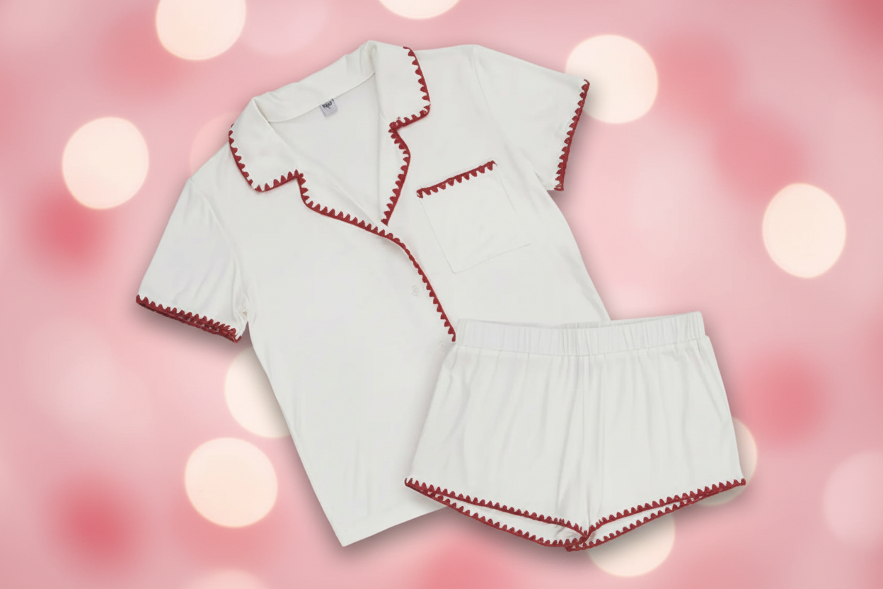 Short Bamboo Pj Set- White + Burgundy Whip Stitch