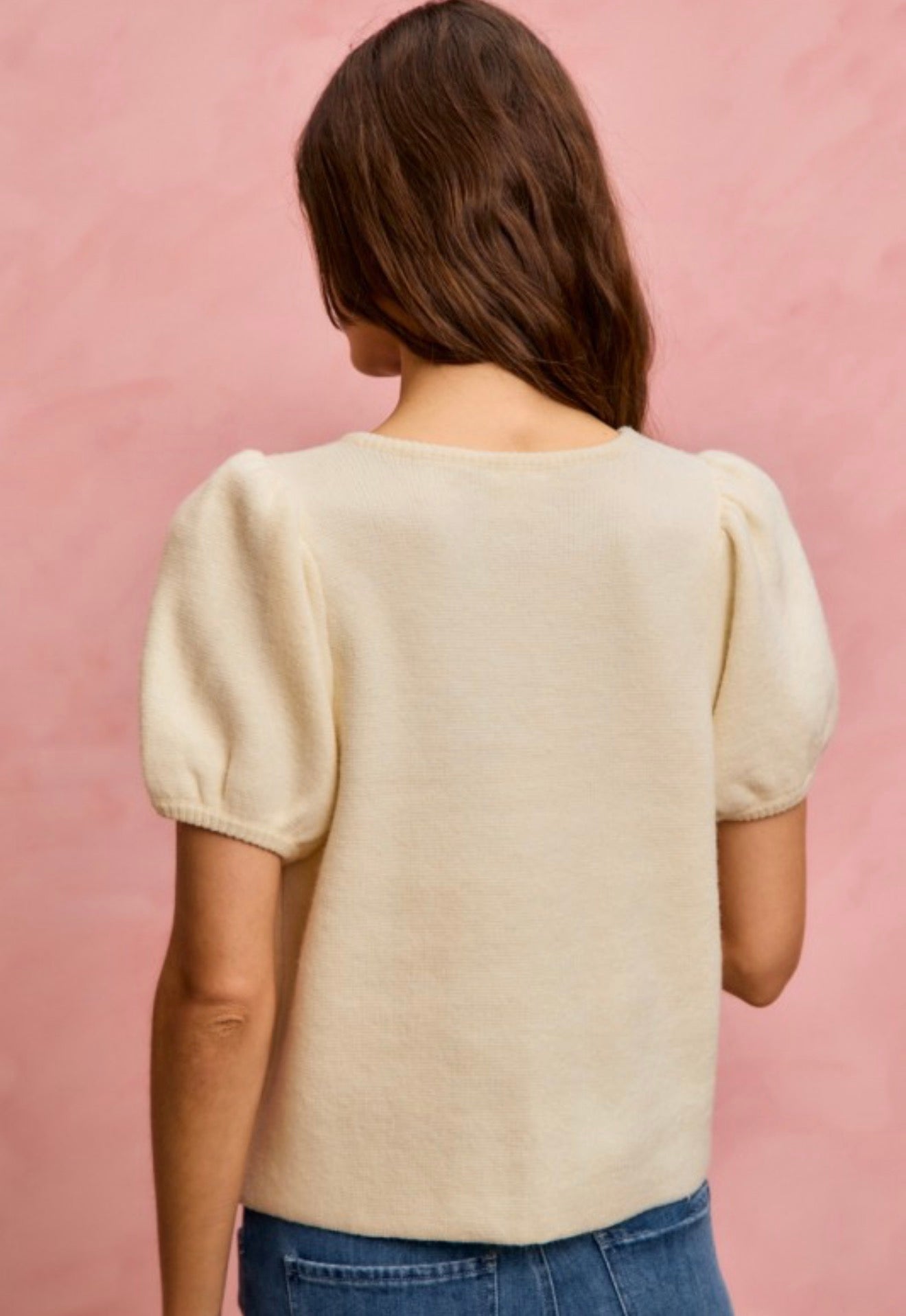 Knitted Sweater Short Puff Sleeve Cardigan Top