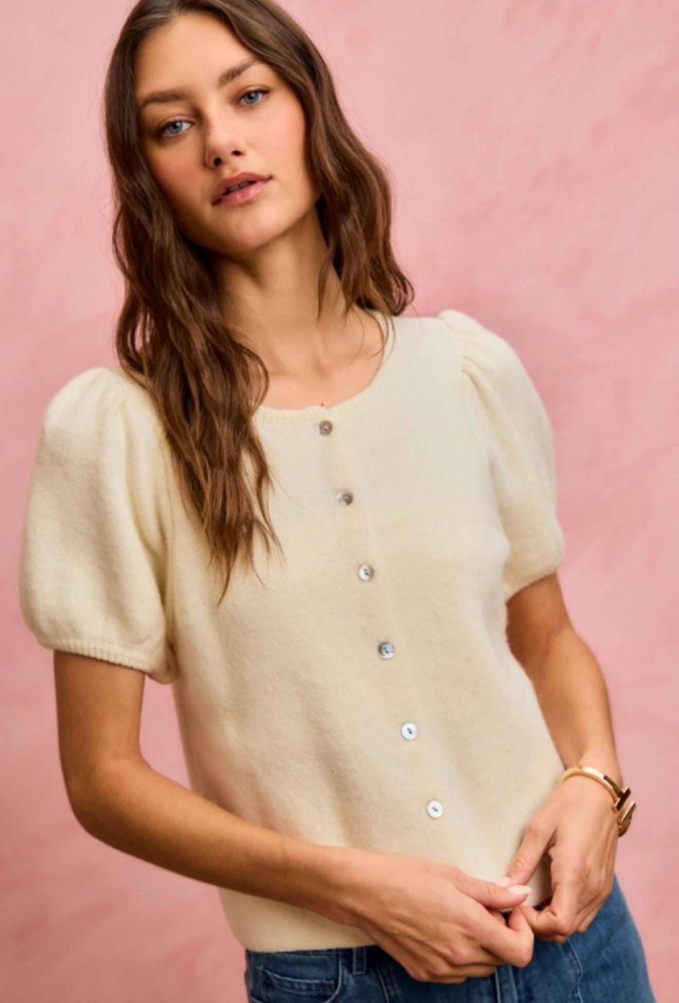 Knitted Sweater Short Puff Sleeve Cardigan Top