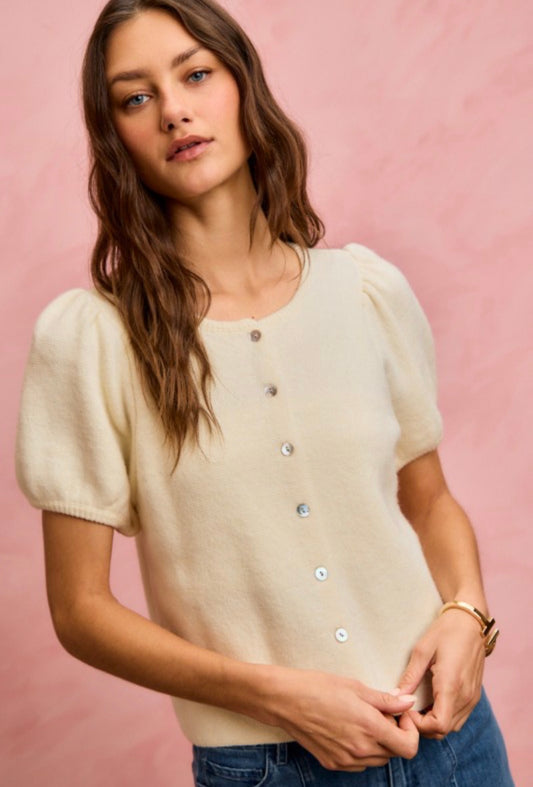 Knitted Sweater Short Puff Sleeve Cardigan Top