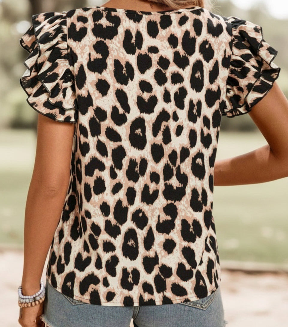 Leopard Print Layered Ruffled Short Sleeve Shirt