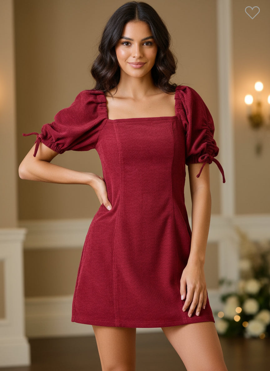 Pre- Order Collections- Corduroy Square Neck Puff Sleeve Mini Dress