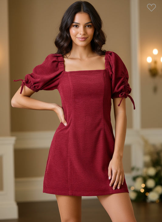 Pre- Order Collections- Corduroy Square Neck Puff Sleeve Mini Dress