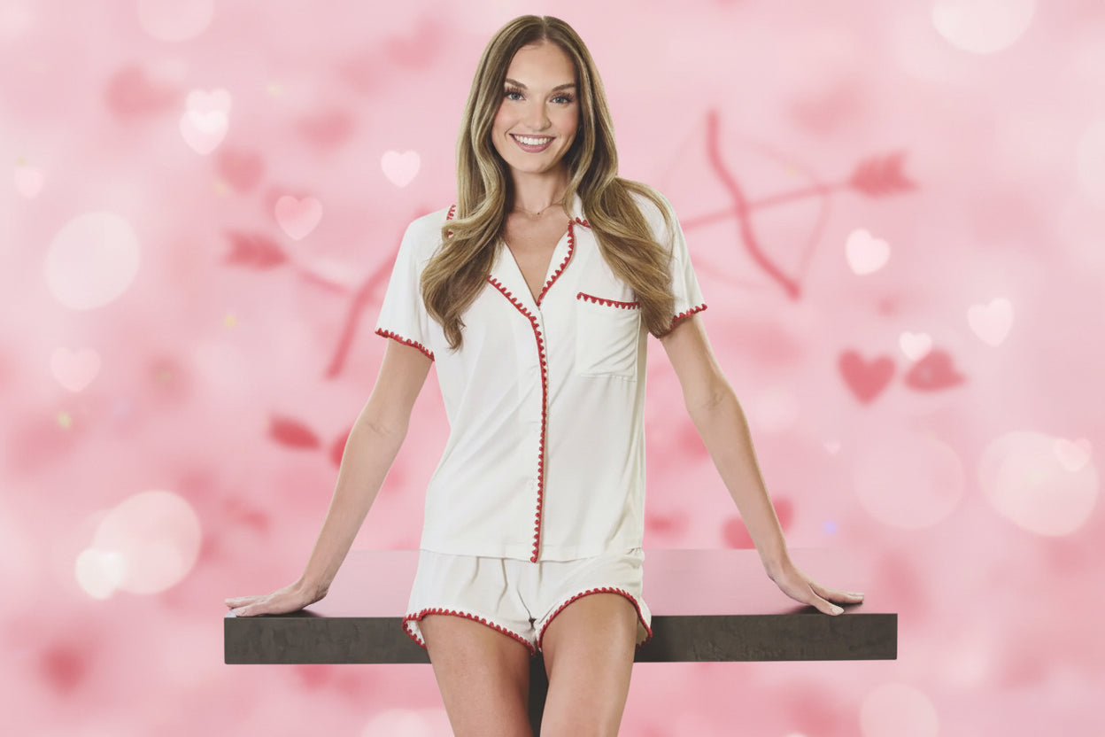Short Bamboo Pj Set- White + Burgundy Whip Stitch
