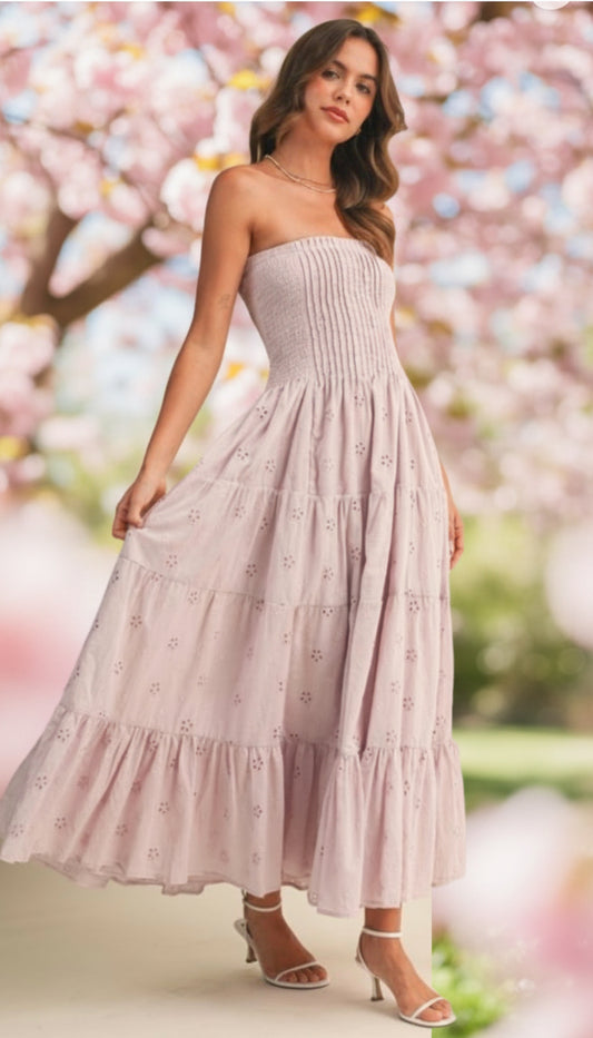 Strapless Eyelet Pleated Detailed Midi Dress