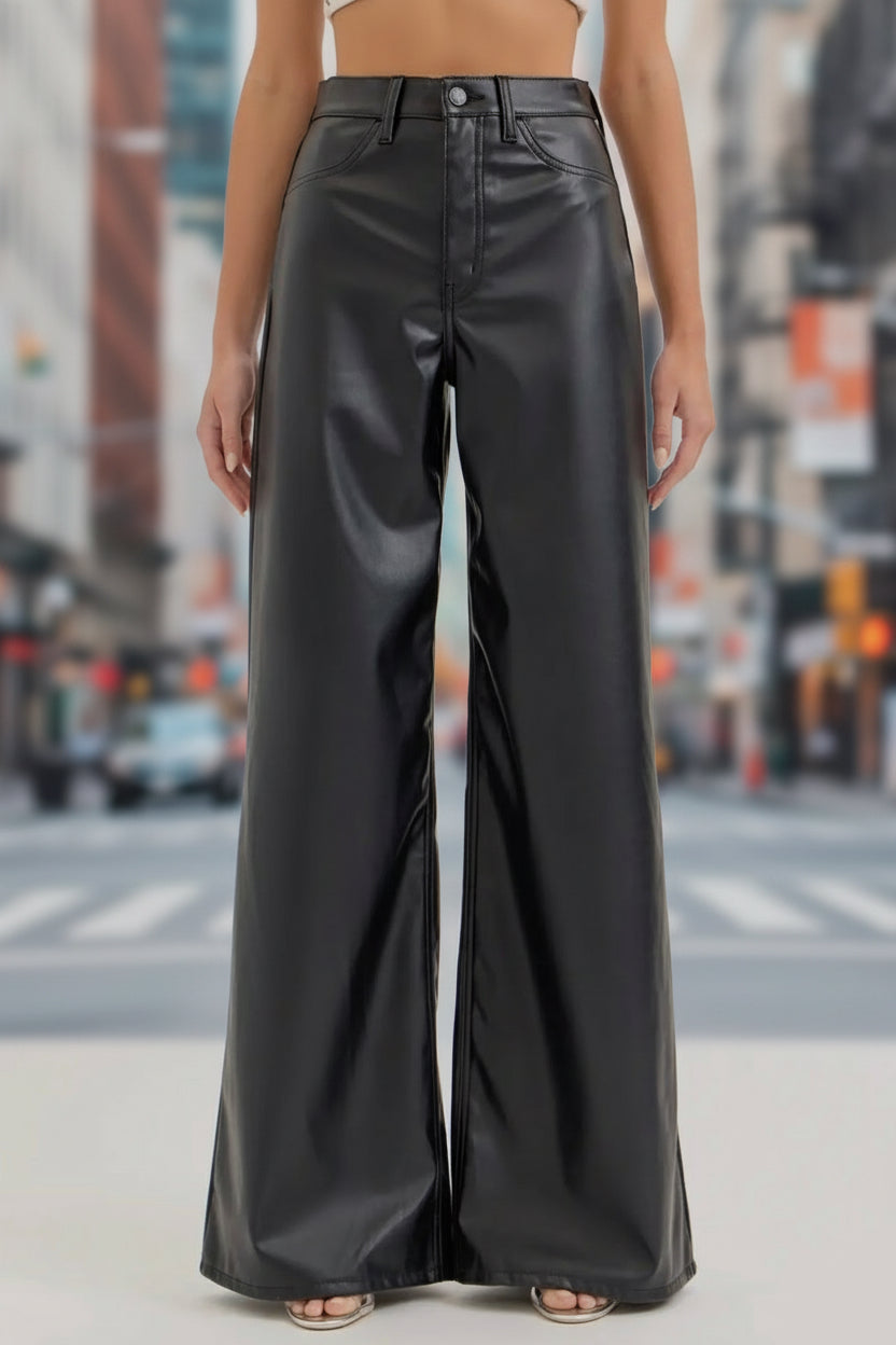 Black Faux Leather Wide Leg Pants