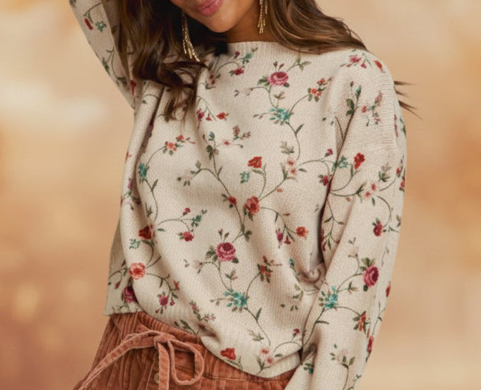 Floral Print Crewneck Sweater Knit Top