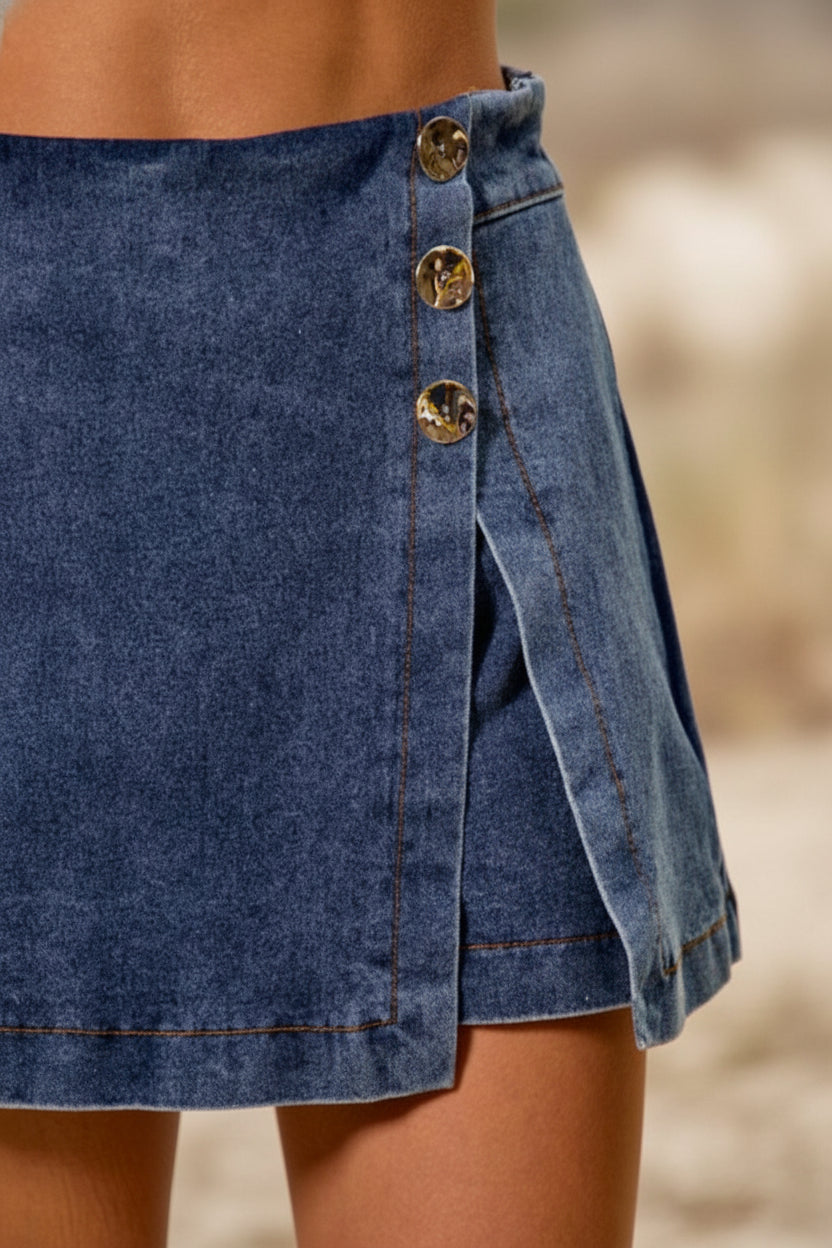 Stretch Denim Wrap Front With Buttoned Skort