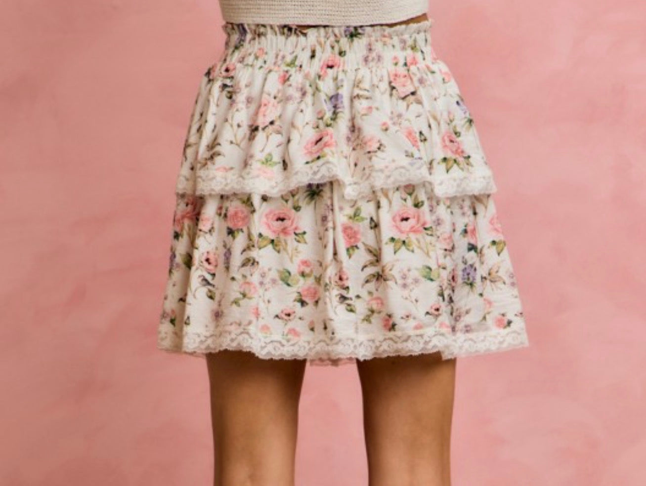 Floral Lace Trim Tiered Elastic Waist Mini Skirt
