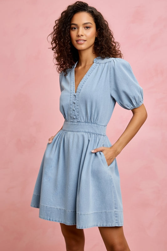 Button Short Sleeves Fit Flare Denim Mini Dress