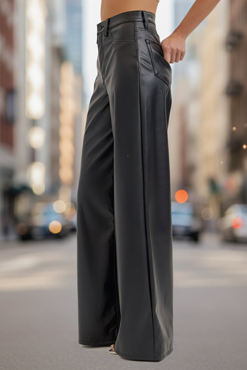 Black Faux Leather Wide Leg Pants