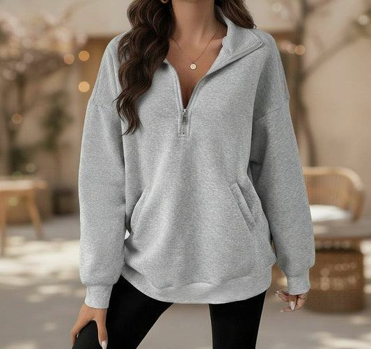 Women's Loose Zipper Collar Casual Pullover Sweatshirt