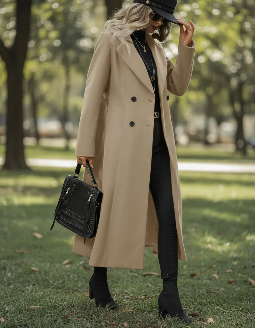 Lapel Tie Double-Breasted Long Coat