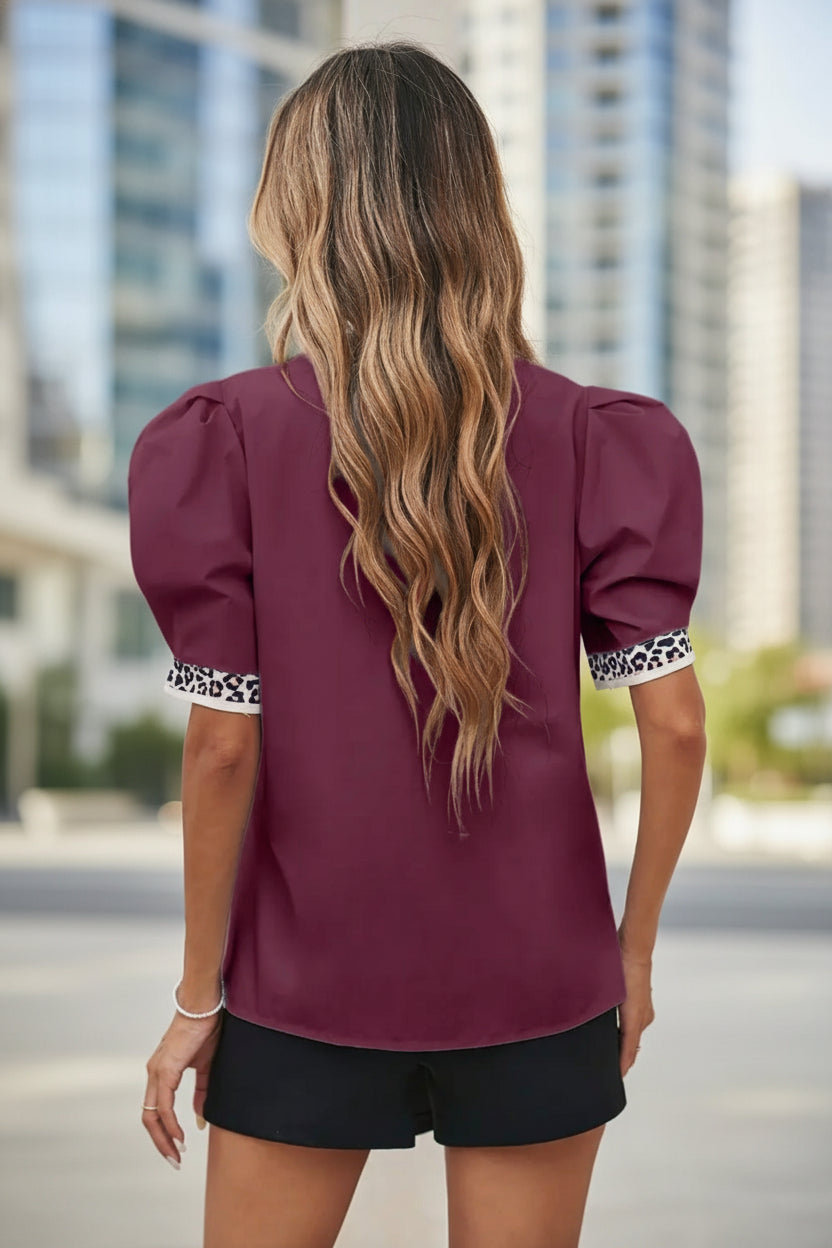 LDC Contrast Leopard Trim Split Neck Puff Sleeve Blouse