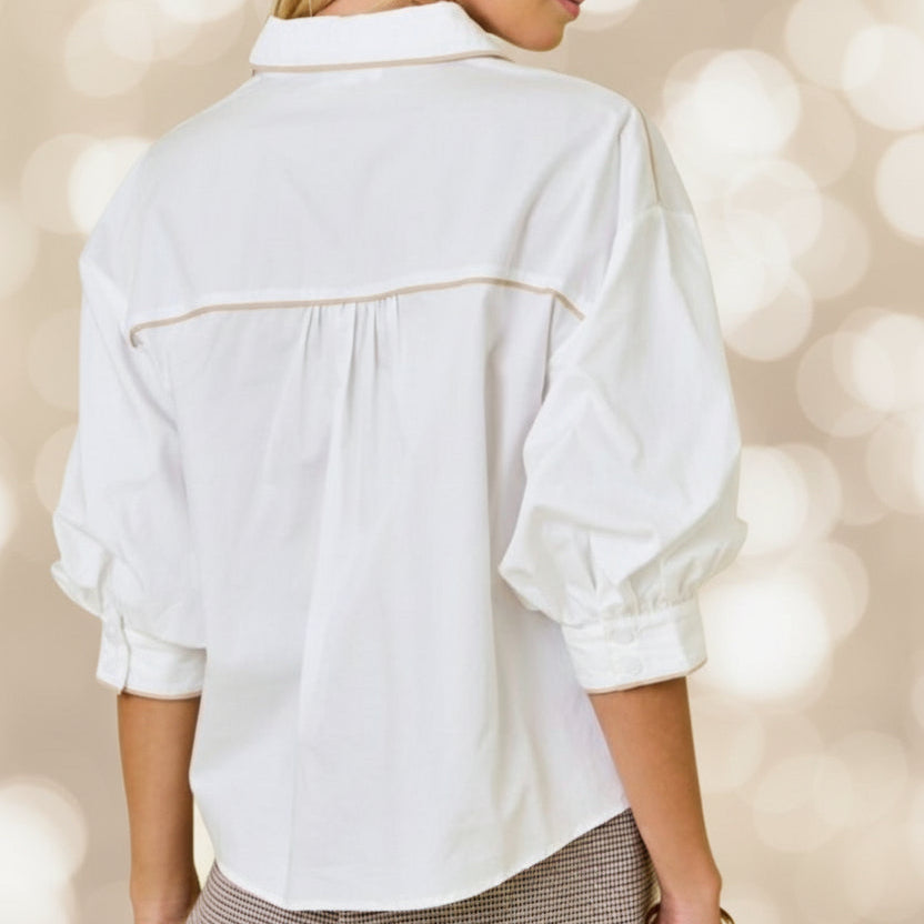 Button Down Shirt With Bubble Sleeves & Contrast Piping