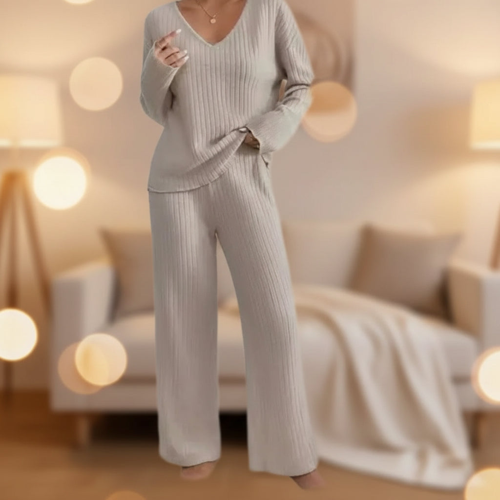 V-Neck Ribbed Loose Knit Fleece Long Sleeve Top Pants Set