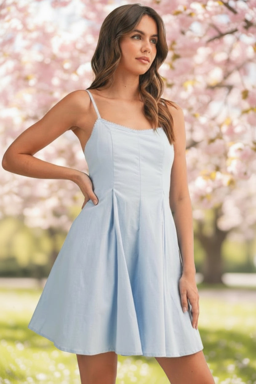 Stretch Woven Picot Lace Mini A-Line Dress