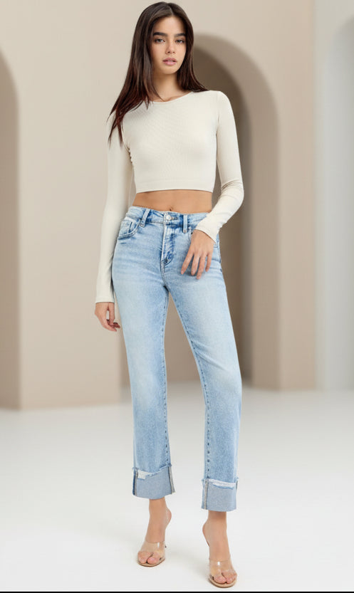 Tummy Control High Rise Crop Straight Cuffed Jeans