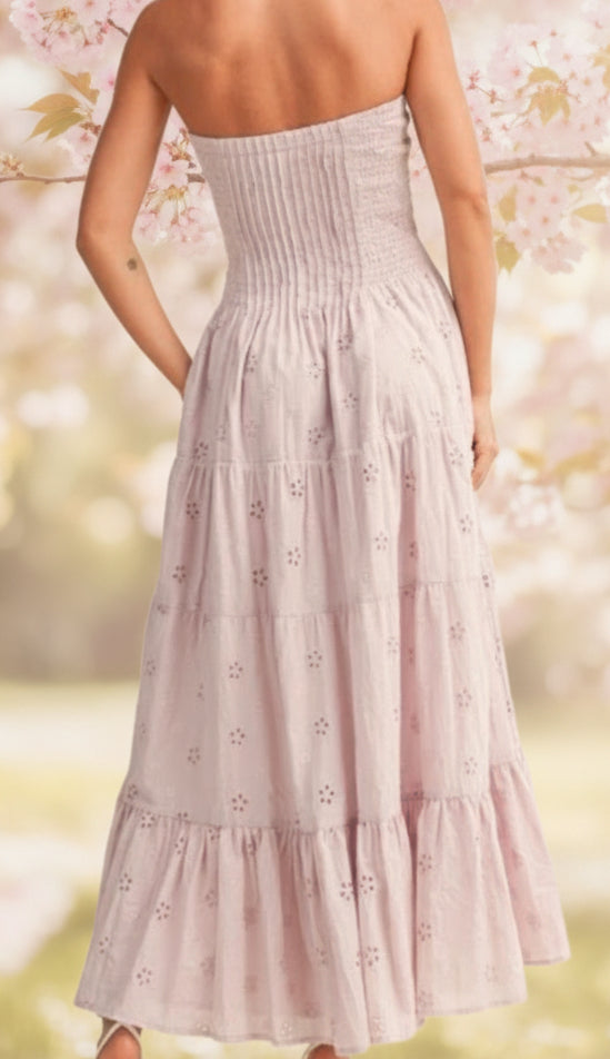 Strapless Eyelet Pleated Detailed Midi Dress