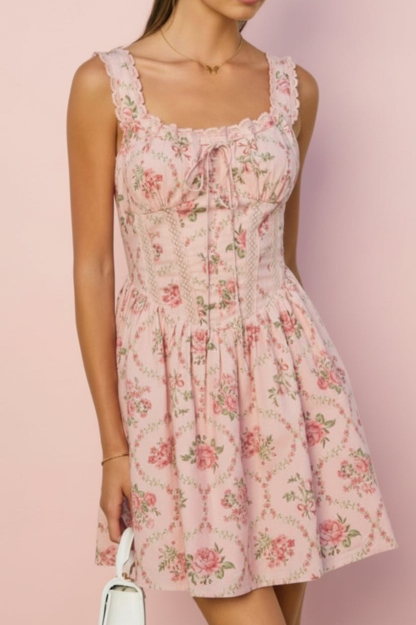 Cottage Charm Lace Trim Bustier Mini Dress