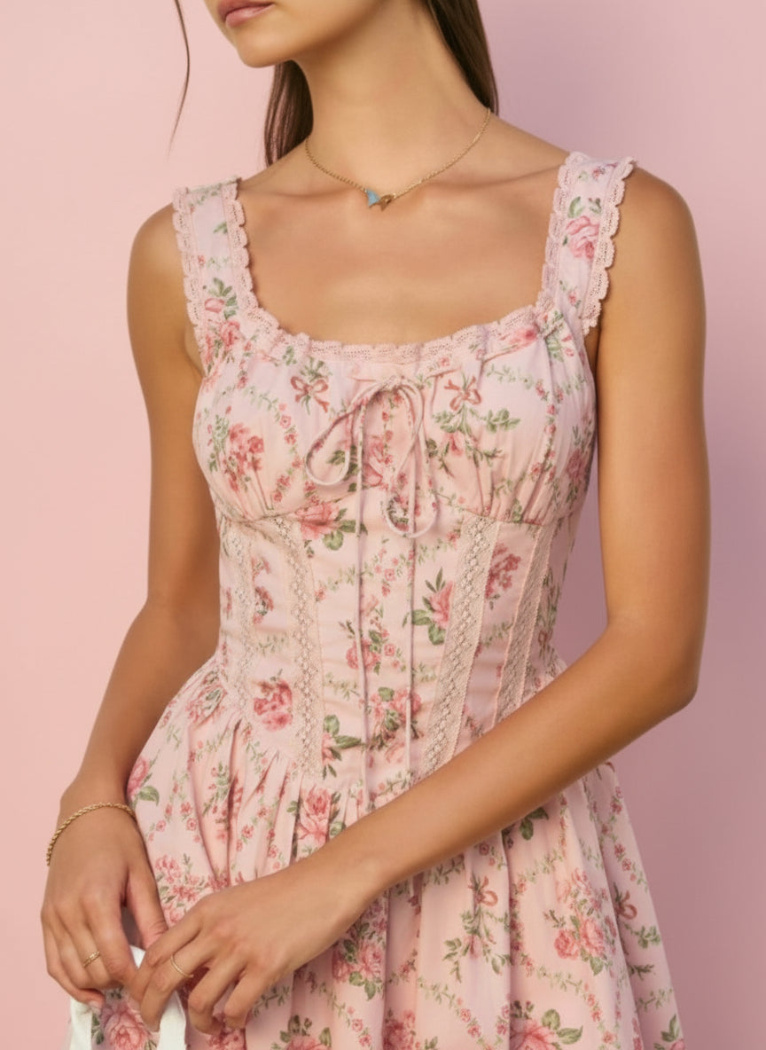 Cottage Charm Lace Trim Bustier Mini Dress