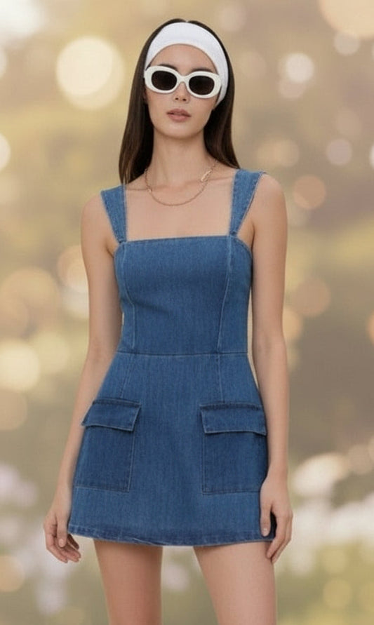 Casual Denim Square Neck Plain Mini Dress