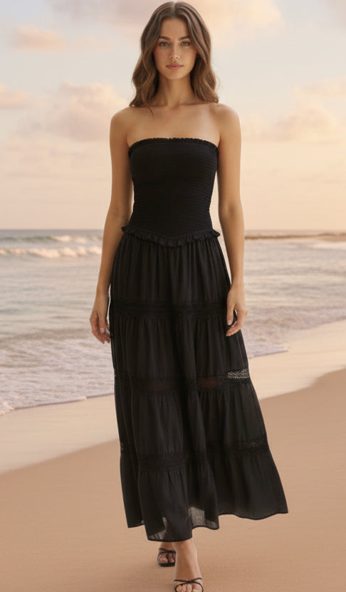 Gauze Flare Maxi Dress With Lace Detail