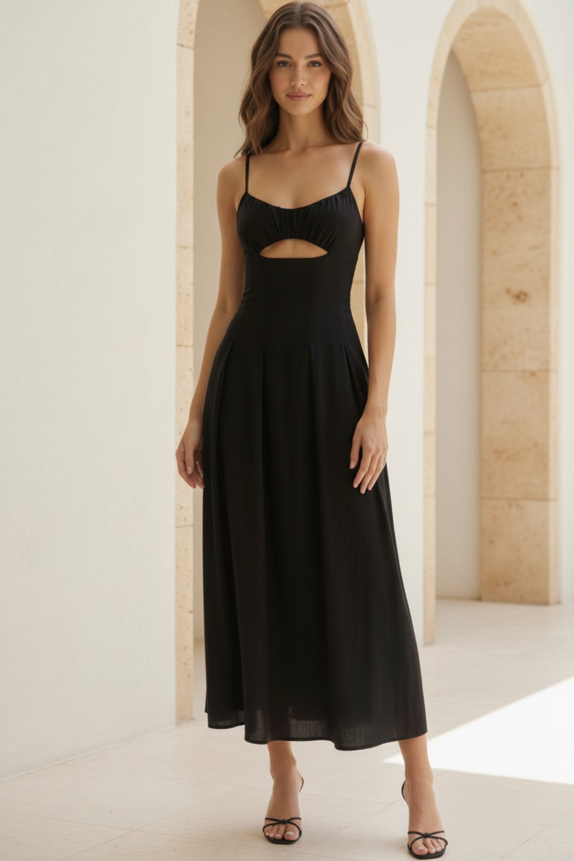 Rushed Sweetheart Neck Top Pleated Flare Midi Dress