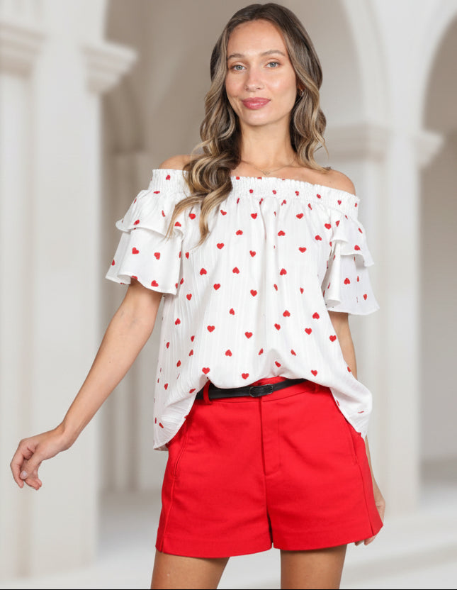 Off the Shoulder Smocked Heart Printed Top