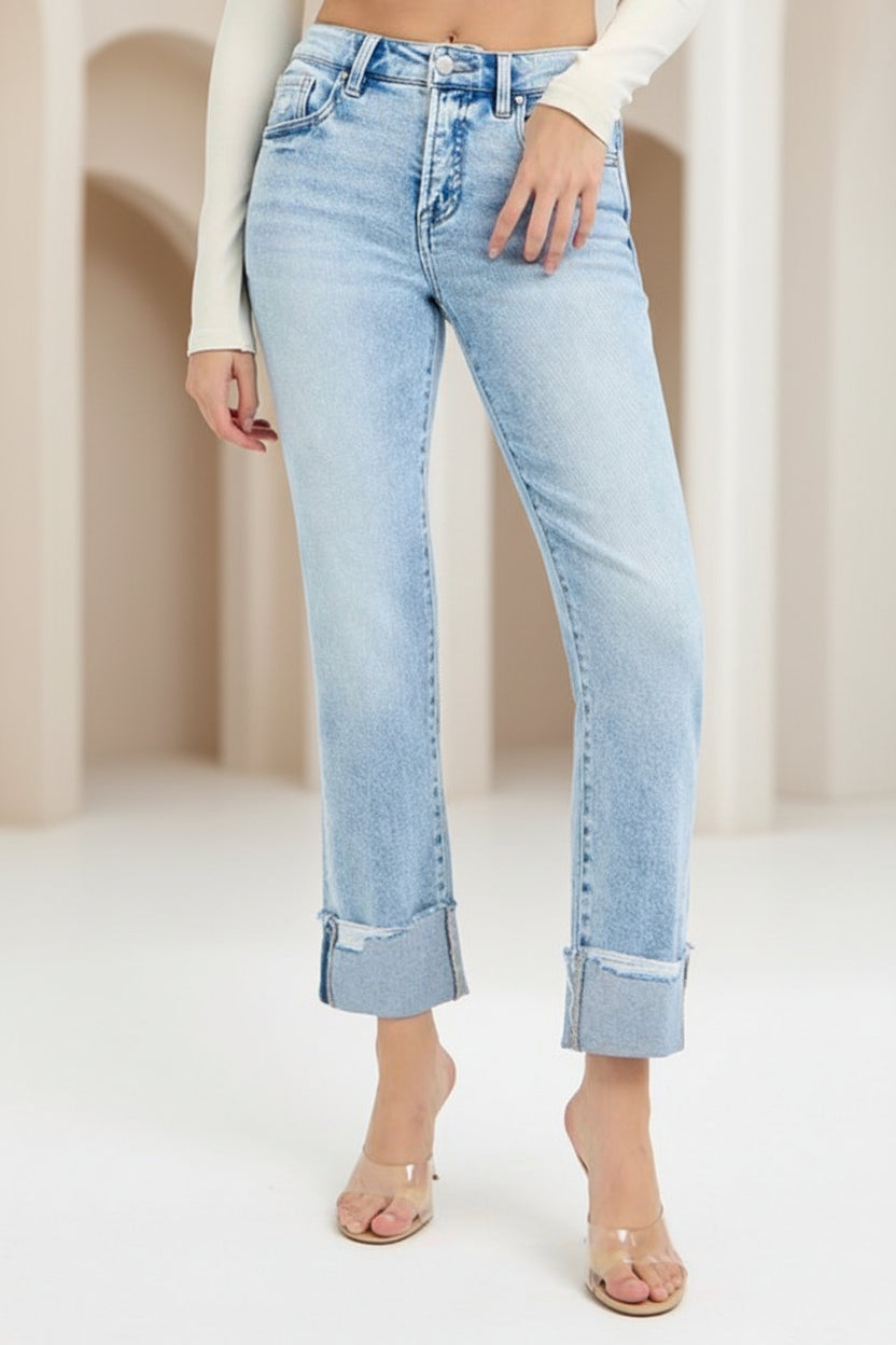 Tummy Control High Rise Crop Straight Cuffed Jeans