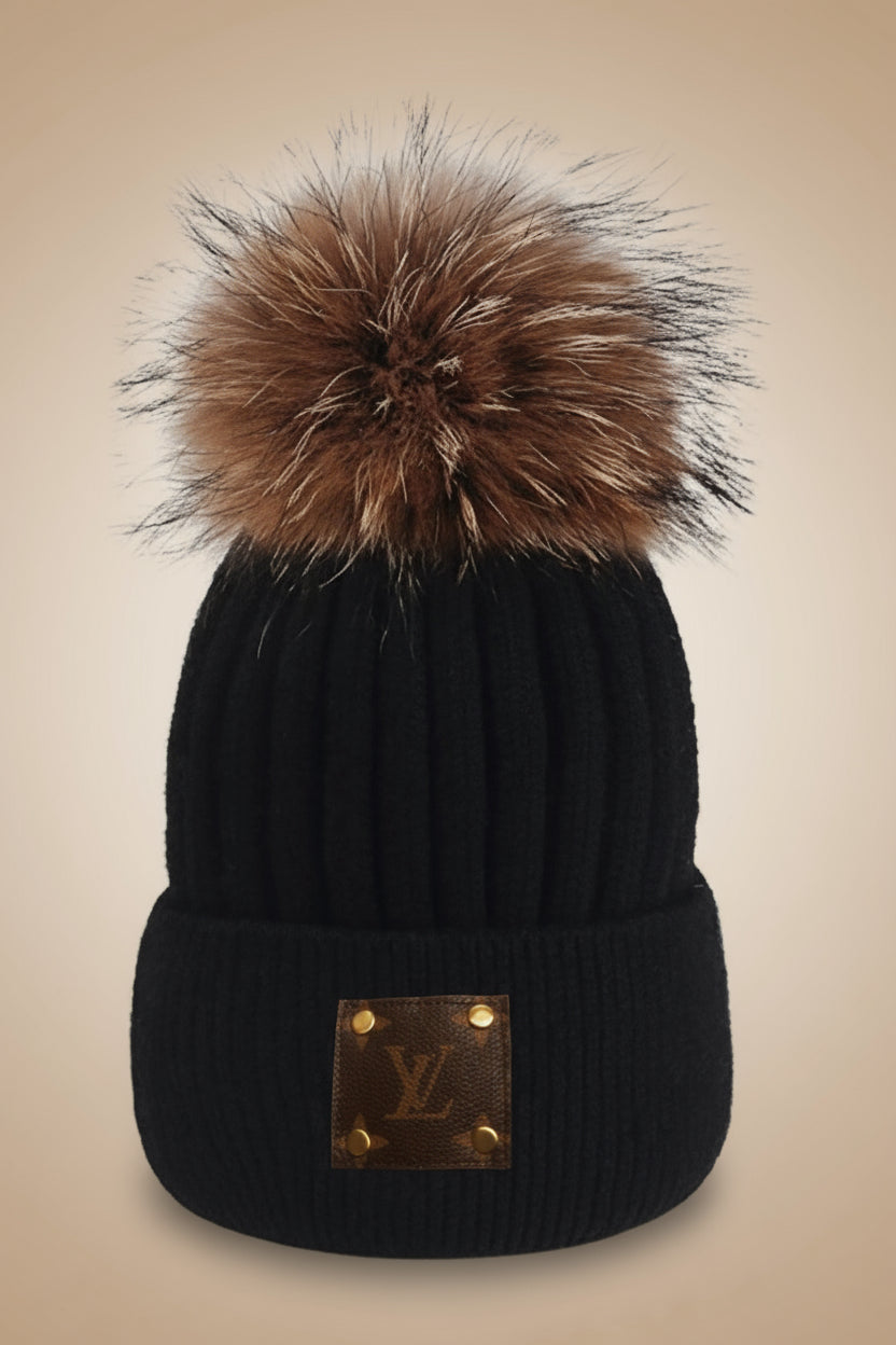 Pre- Order Up-Cycled LV Detachable Fur Pom Beanie