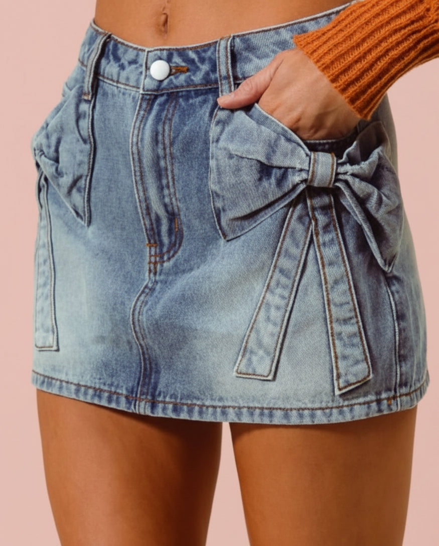 Bow Knot Pocket Denim Mini
