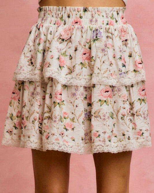 Floral Lace Trim Tiered Elastic Waist Mini Skirt