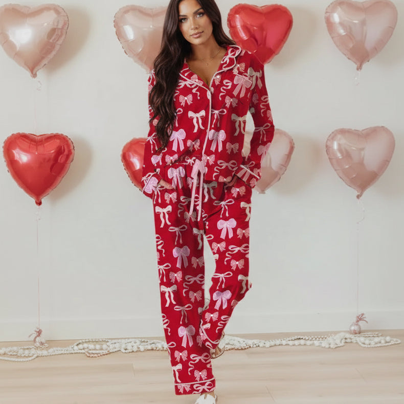 Red Sweet Bow Print Shirt Style Top Long 2pcs Pajama Set