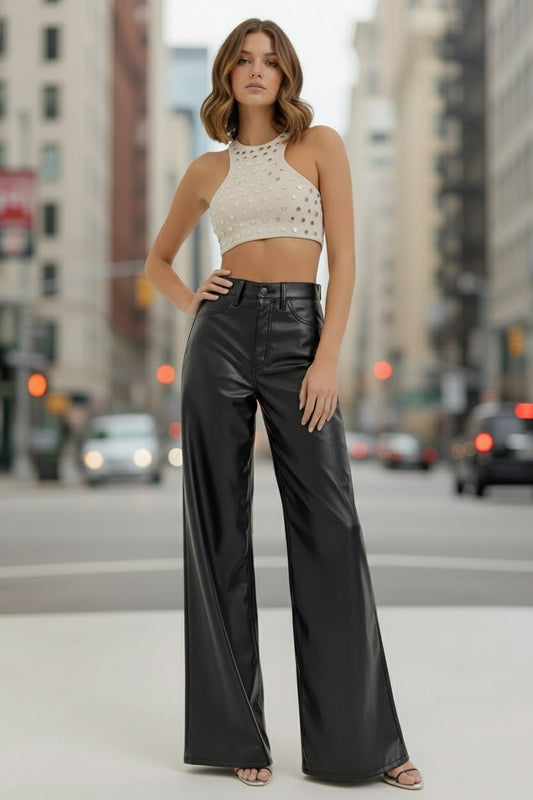 Black Faux Leather Wide Leg Pants
