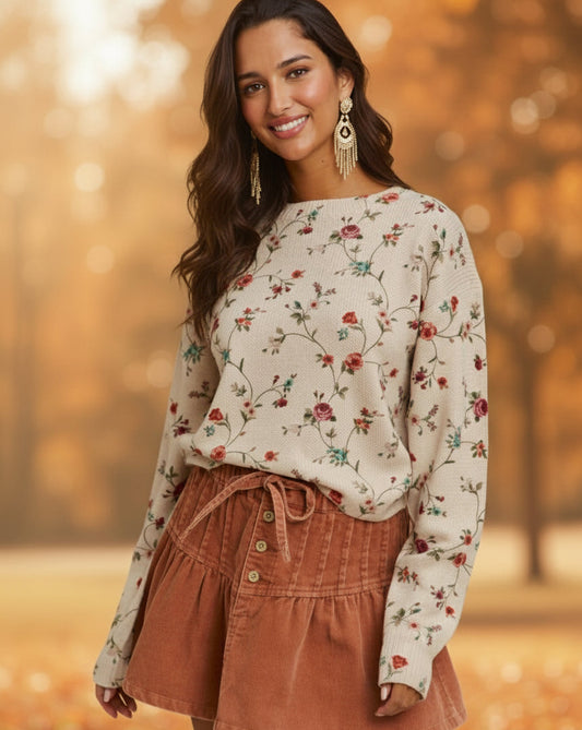 Floral Print Crewneck Sweater Knit Top