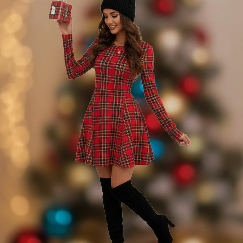 Retro Style Women's Plaid Long-Sleeved Slim Dress