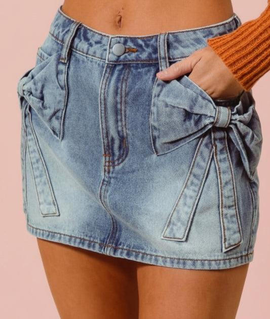 Bow Knot Pocket Denim Mini