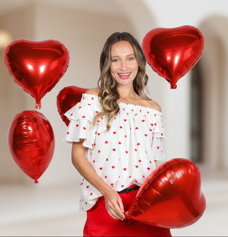 Off the Shoulder Smocked Heart Printed Top